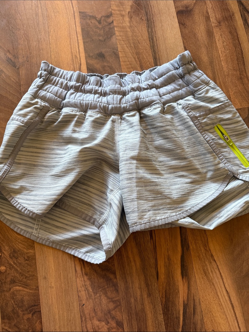 lululemon athletica Light Gray Striped Athletic Shorts with Neon Yellow Zip